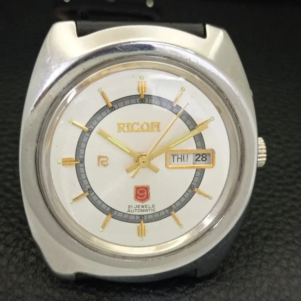 Vintage 1980 Ricoh Automatic Mens Silver Watch W/daydate & Gold accents